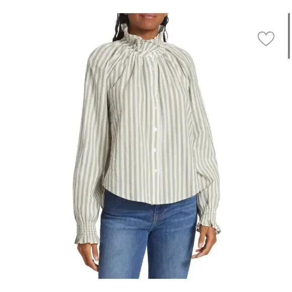 Veronica Beard Calisto Seersucker Striped Shirt Dark Sage & White - Picture 3 of 7